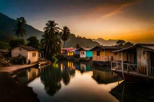 Maisons sur le l'eau à le coucher du soleil. généré par ai photo