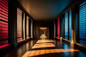 une longue couloir avec rouge et bleu les fenêtres. généré par ai photo