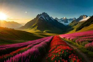 le Soleil monte plus de une champ de fleurs dans le montagnes. généré par ai photo