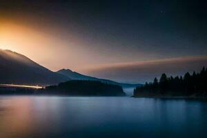 photo fond d'écran le ciel, montagnes, lac, brouillard, le lune, le soleil, le montagnes. généré par ai