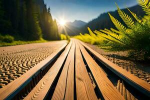 une chemin de fer Piste dans le milieu de une forêt. généré par ai photo