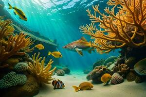 sous-marin scène avec corail et poisson. généré par ai photo