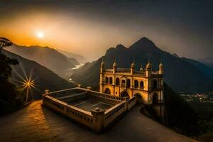 le Soleil ensembles plus de une église sur Haut de une Montagne. généré par ai photo