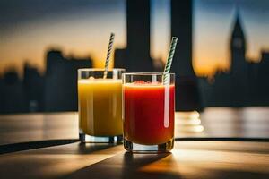 deux des lunettes de Orange jus avec pailles sur une table dans de face de une ville ligne d'horizon. généré par ai photo