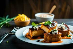 une assiette de nourriture avec patates et sauce. généré par ai photo