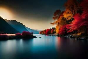 l'automne paysage avec des arbres et l'eau. généré par ai photo