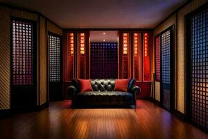 une pièce avec rouge et noir des murs et une cuir canapé. généré par ai photo