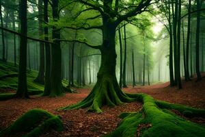 une vert forêt avec des arbres et mousse. généré par ai photo