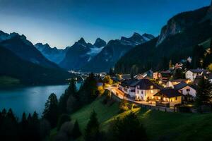 une village dans le montagnes à crépuscule. généré par ai photo