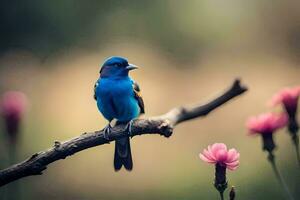 une bleu oiseau est assis sur une branche avec rose fleurs. généré par ai photo