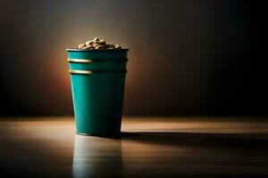 une vert tasse rempli avec cacahuètes séance sur une en bois tableau. généré par ai photo