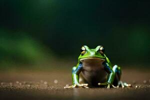 une grenouille séance sur le sol avec une vert Contexte. généré par ai photo