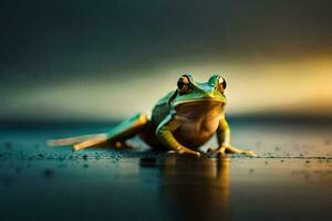 une grenouille séance sur le sol dans de face de une le coucher du soleil. généré par ai photo