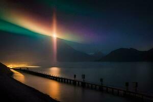 une arc en ciel lumière brille plus de une Lac et jetée. généré par ai photo