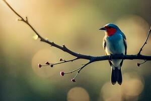 une oiseau séance sur une branche avec une Soleil brillant derrière il. généré par ai photo