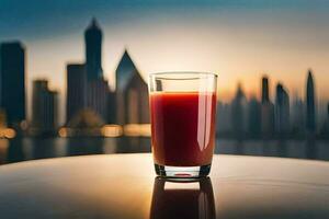 une verre de jus avec une ville horizon dans le Contexte. généré par ai photo