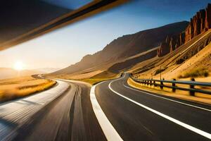 une voiture conduite sur une Autoroute avec le Soleil réglage derrière il. généré par ai photo