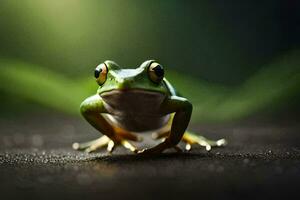 une grenouille est permanent sur le sol avec une vert Contexte. généré par ai photo