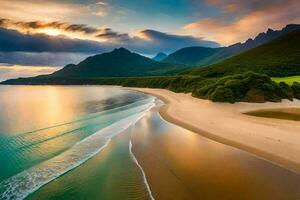 le plage et montagnes à le coucher du soleil. généré par ai photo