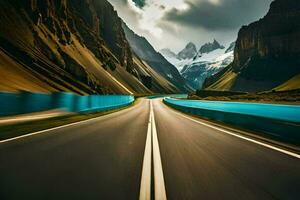 une route dans le montagnes avec montagnes dans le Contexte. généré par ai photo