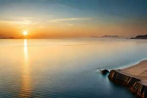 le Soleil monte plus de le océan et le sable. généré par ai photo