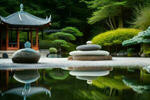 une Japonais jardin avec rochers et une belvédère. généré par ai photo