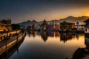 le Soleil ensembles plus de le ville de udaïpur, Inde. généré par ai photo