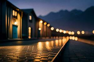 une rue à nuit avec lumières sur le bâtiments. généré par ai photo