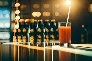 une verre de Orange jus séance sur une bar comptoir. généré par ai photo