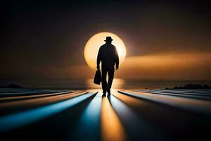 une homme dans une chapeau et costume en marchant sur une plage à le coucher du soleil. généré par ai photo