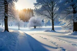 une neigeux route dans le milieu de une forêt. généré par ai photo