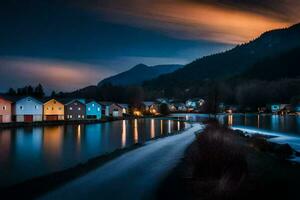une rivière et Maisons à nuit. généré par ai photo