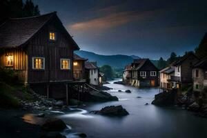 une rivière court par une village à nuit. généré par ai photo