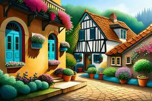 une La peinture de une rue avec fleurs et Maisons. généré par ai photo