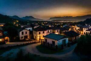 une village à crépuscule avec une Montagne dans le Contexte. généré par ai photo