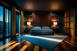 une chambre avec une grand lit et en bois étages. généré par ai photo