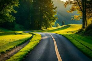 une longue route dans le milieu de une vert champ. généré par ai photo