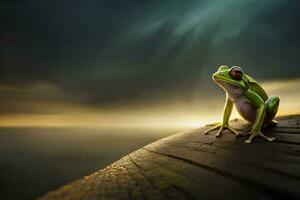 une grenouille séance sur une en bois planche avec une le coucher du soleil dans le Contexte. généré par ai photo