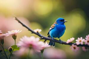 une bleu oiseau est assis sur une branche avec rose fleurs. généré par ai photo