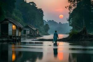 une homme des stands dans le l'eau à le coucher du soleil. généré par ai photo