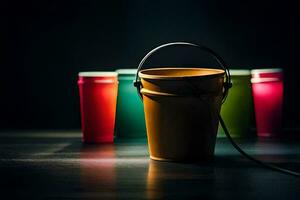 une seau avec une lumière sur il et nombreuses coloré tasses. généré par ai photo