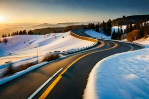 une enroulement route dans le montagnes avec neige. généré par ai photo