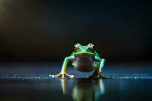 une grenouille sur une foncé Contexte. généré par ai photo