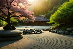 une Japonais jardin avec une pagode et Cerise arbre. généré par ai photo