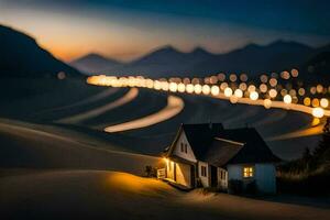 une maison dans le désert à nuit avec lumières sur. généré par ai photo