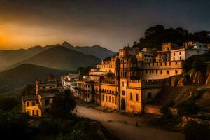 le Soleil ensembles plus de une ville dans Inde. généré par ai photo