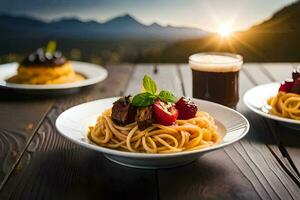 spaghetti avec Viande et des légumes sur une en bois tableau. généré par ai photo