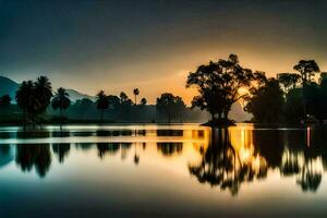 le coucher du soleil plus de le lac. généré par ai photo