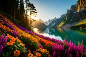 le Soleil brille plus de une Lac et fleurs dans le premier plan. généré par ai photo