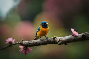 une coloré oiseau est assis sur une branche avec rose fleurs. généré par ai photo